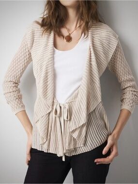 White House Black Market Pointelle Peplum Ruffle Cardigan - Ecru - Size M